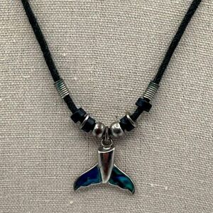 Handcrafted Whale Tail Necklace With Blue Inlay & Beaded Cord For Ocean Lovers